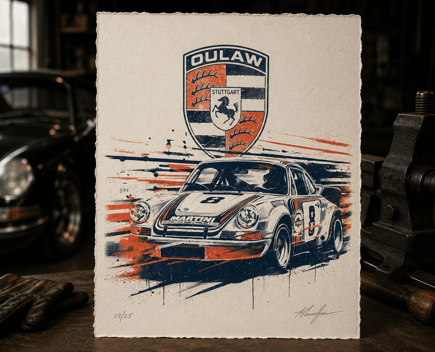 Outlaw Crest — Screen Print — holding photograph